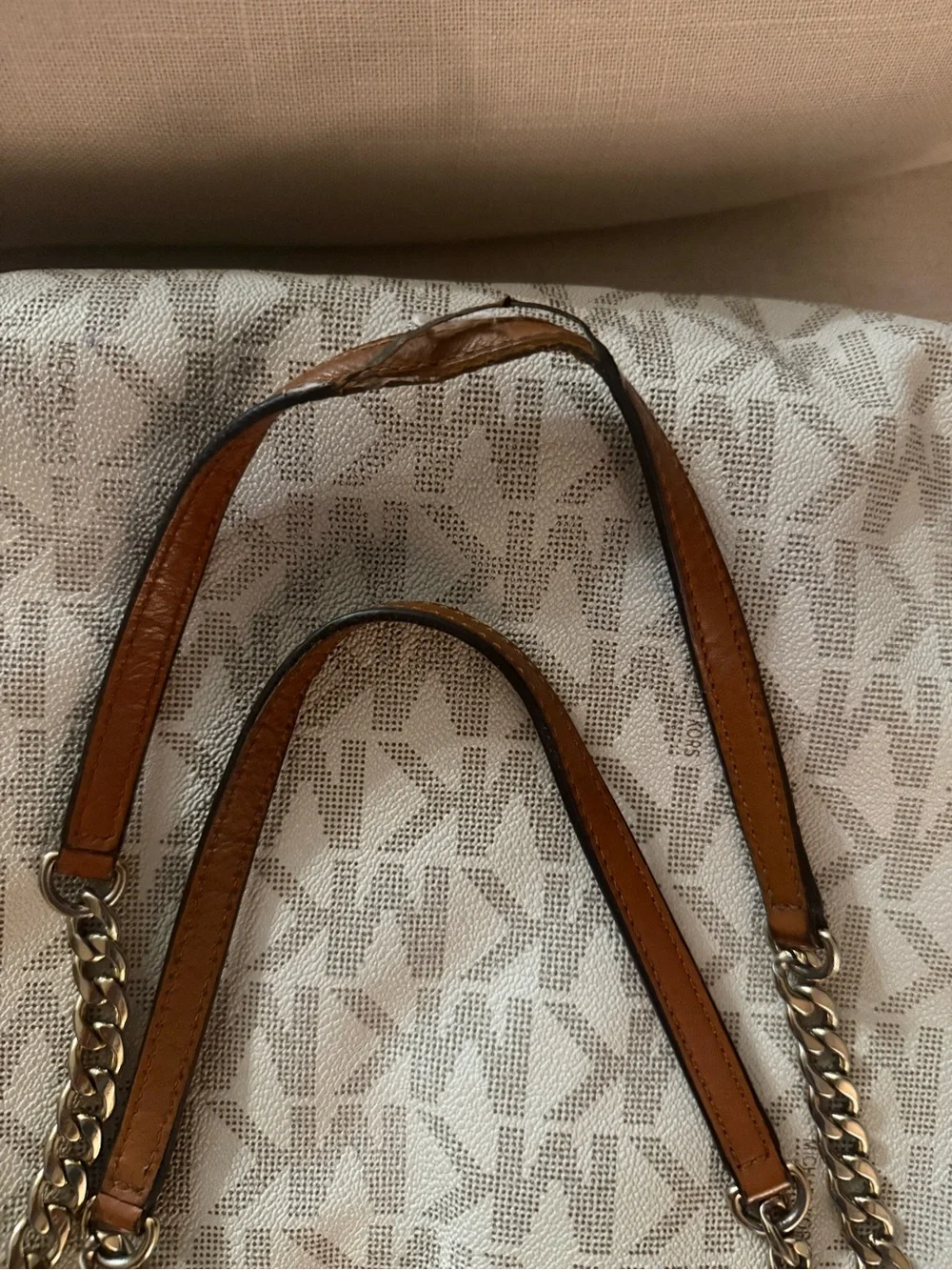 Michael Kors Cream/Tan Signature MK Logo Shoulder Bag with Gold Chain